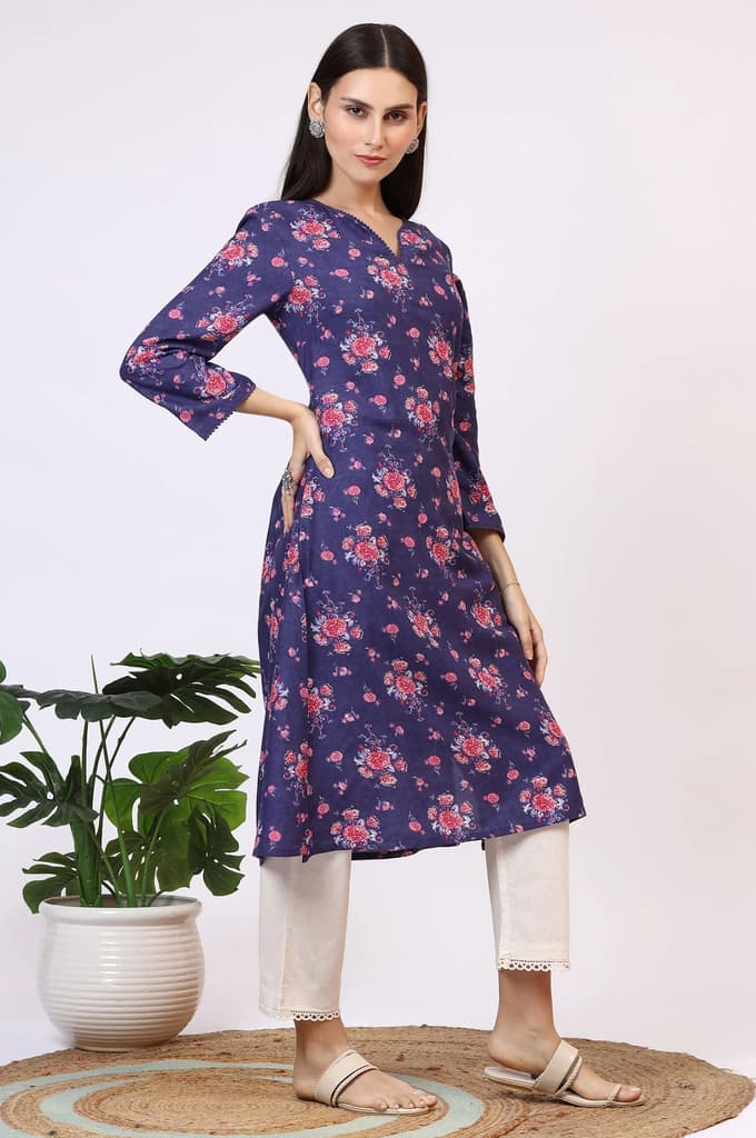 Purple Floral Printed Straight Kurta with Lace — photo 7