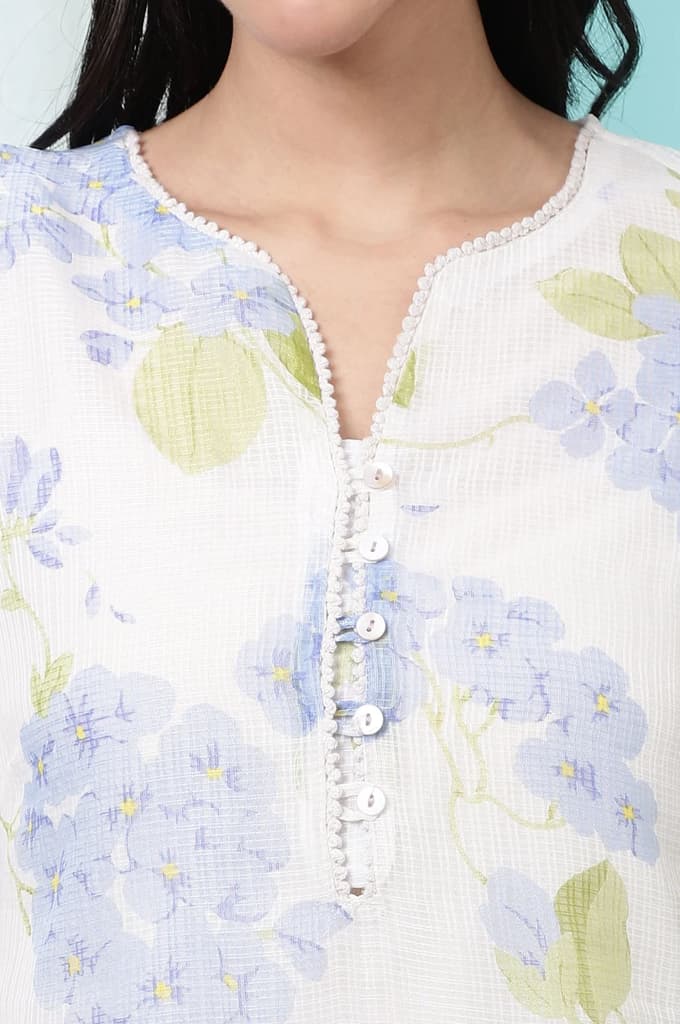 White Floral Printed Kota Straight Kurta — photo 4