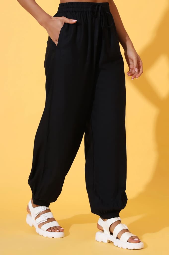 Black Solid Ankle Length Rayon Harem Pants — photo 5
