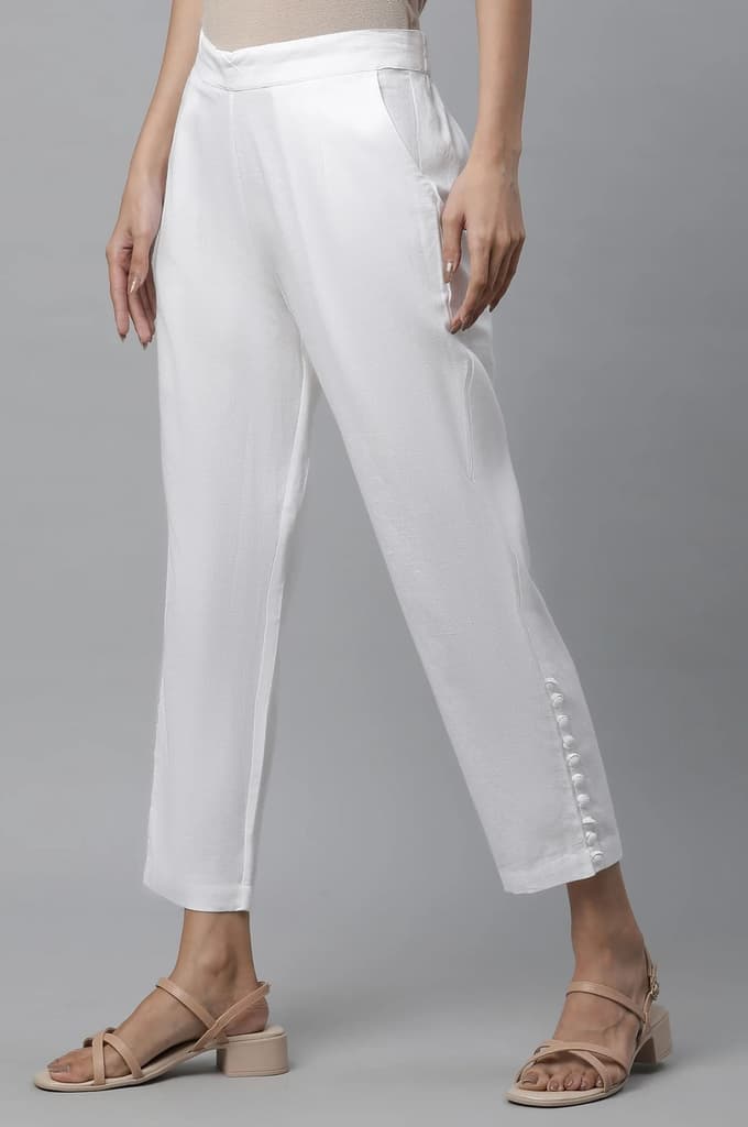 White Solid Straight Fit Cotton Trousers With Button Detail — photo 2