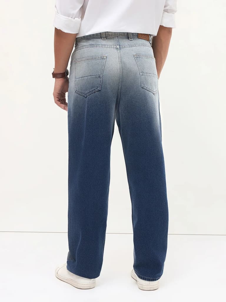 Men's Blue Loose Baggy Fit Heavy Washed Faded Denim Jeans Non-Stretchable — photo 3