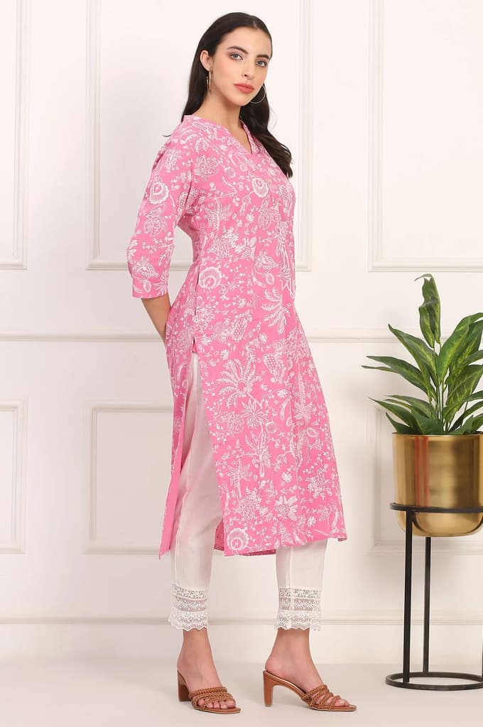 Pink Floral Printed Lurex-Embellished Straight Cotton Lurex Kurta — photo 6