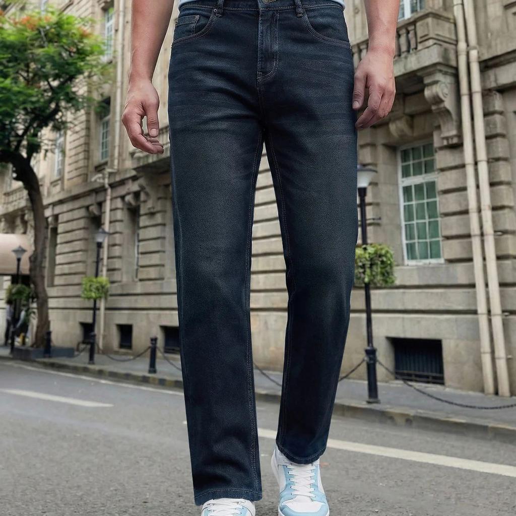 Men's Dark Blue Relaxed Fit Washed Denim Jeans Non-Stretchable