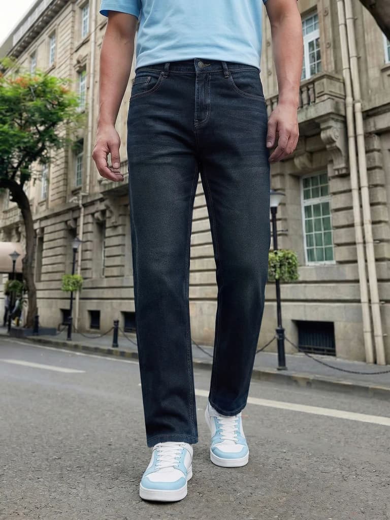 Men's Dark Blue Relaxed Fit Washed Denim Jeans Non-Stretchable — 28 / Dark Blue