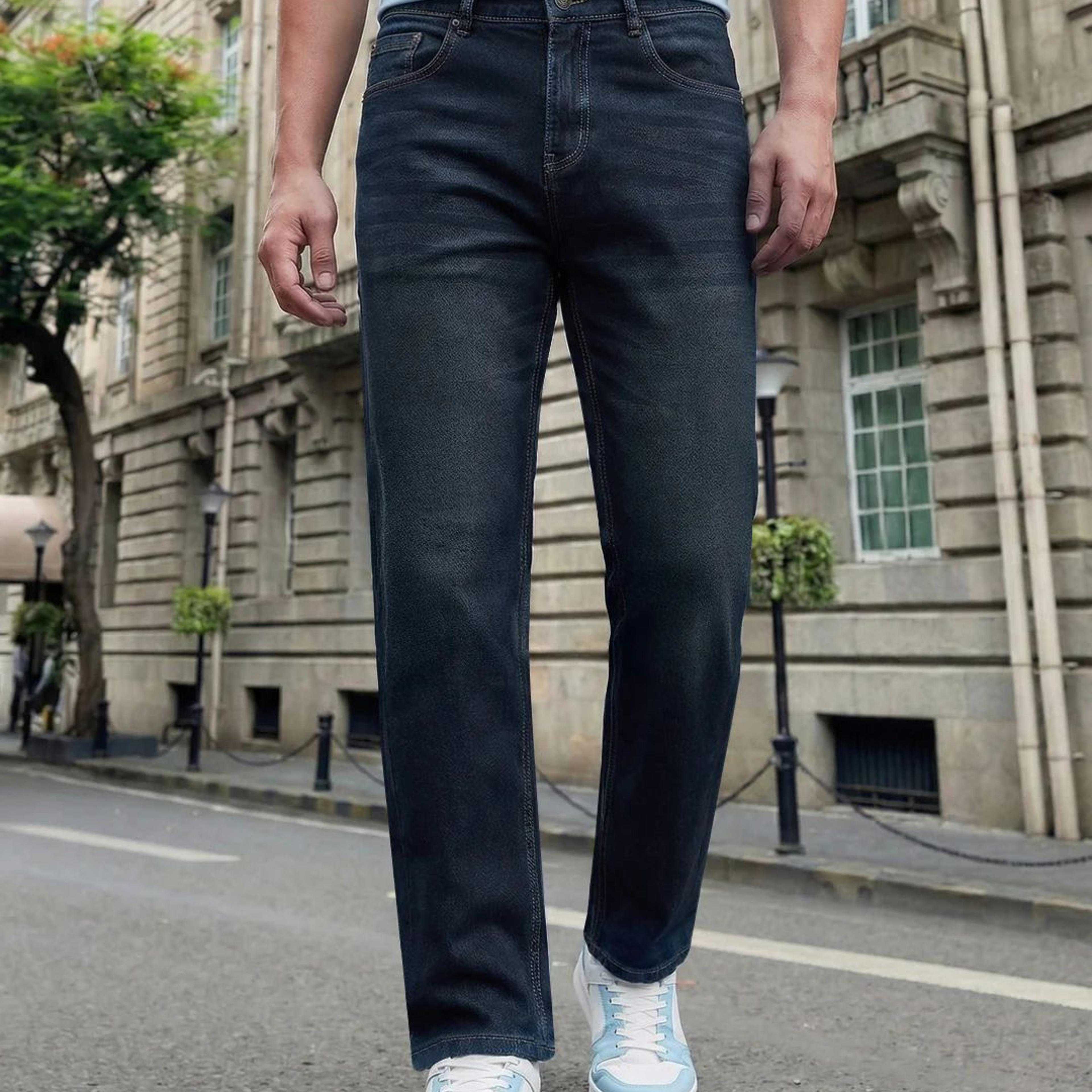 Men's Dark Blue Relaxed Fit Washed Denim Jeans Non-Stretchable