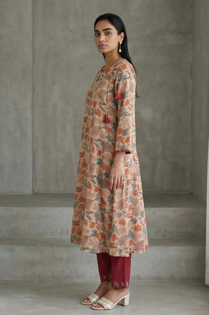 Beige Block Printed Tassel Pure Cotton A-line Kurta — photo 5