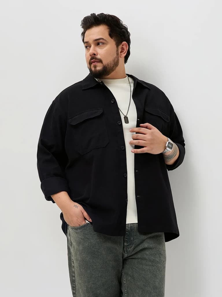 Plus Men's Black Cotton Full Sleeve Relaxed Fit Shacket with Utility Pockets — XXL / Black