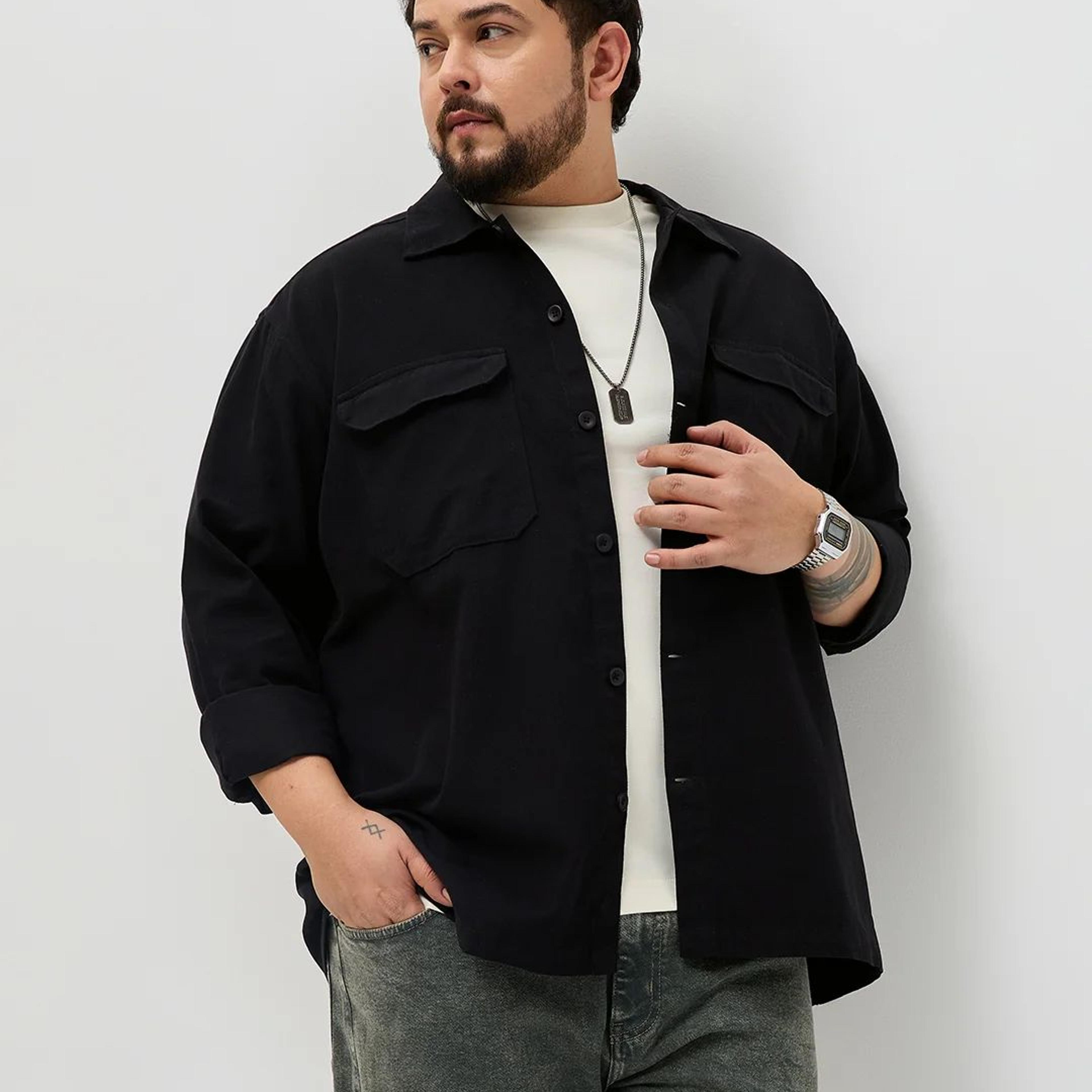 Plus Men's Black Cotton Full Sleeve Relaxed Fit Shacket with Utility Pockets