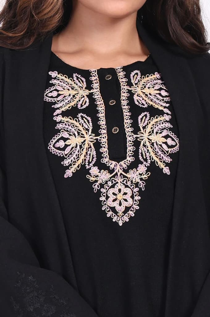 Black Embroidered Straight Woven Coat — photo 2