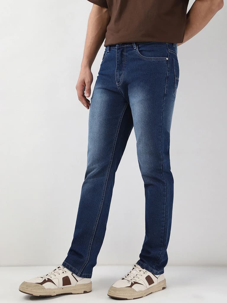 Men's Blue Straight Fit Washed Jeans Stretchable — photo 3