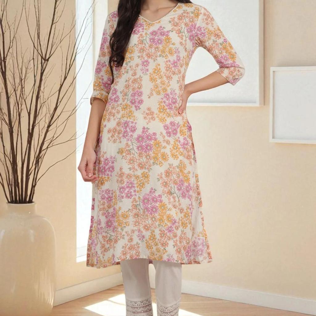 White Floral Printed Pure Cotton Straight Kurta