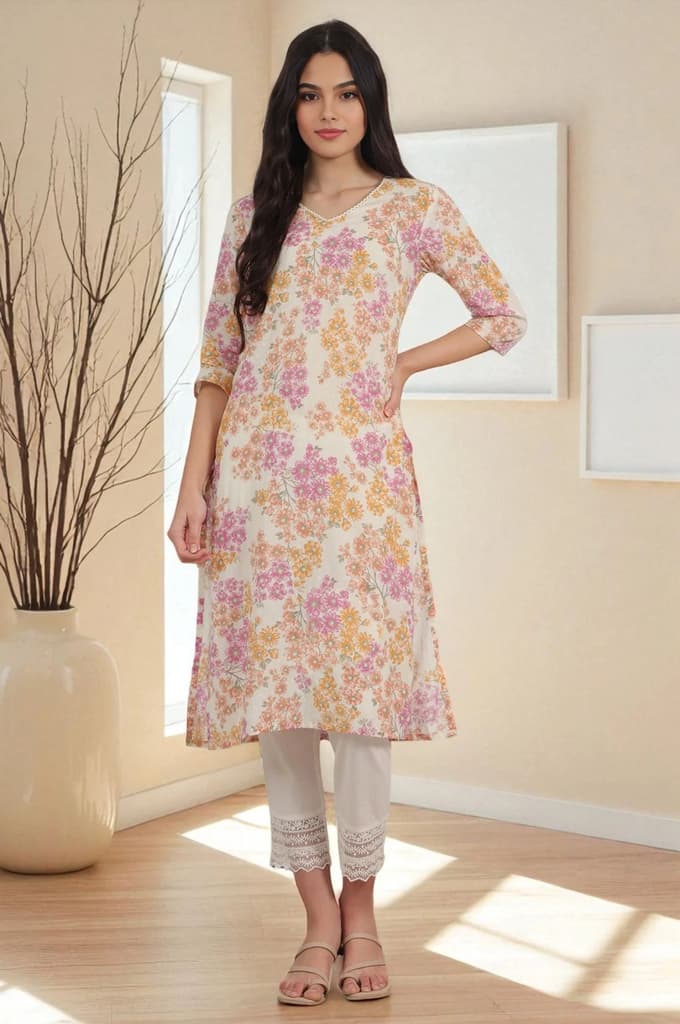 White Floral Printed Pure Cotton Straight Kurta