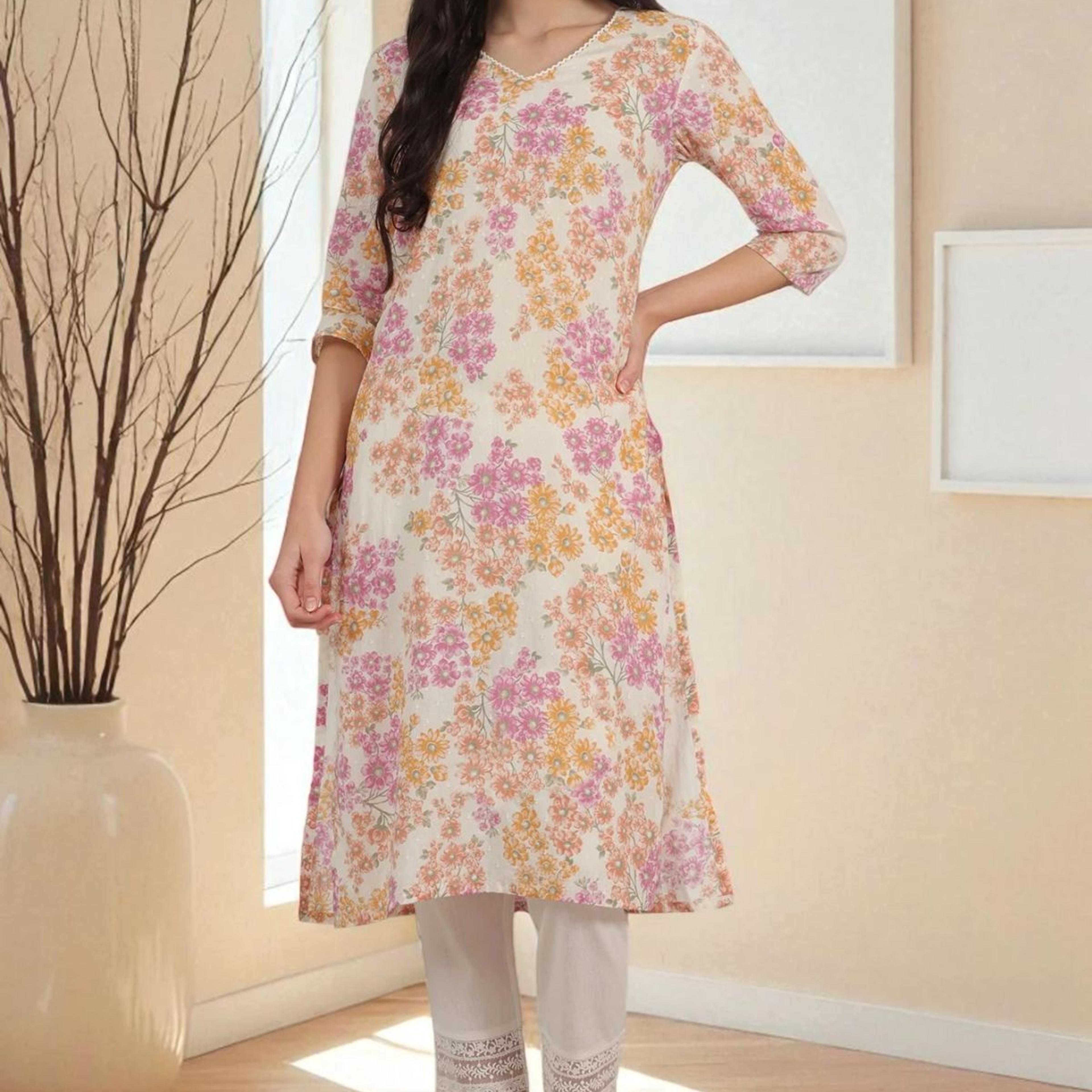 White Floral Printed Pure Cotton Straight Kurta