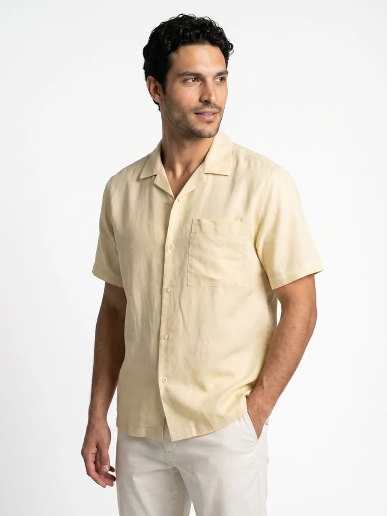 Men's Tender Yellow Linen Half Sleeve Oversized Fit Shirt with Cuban Collar — photo 2
