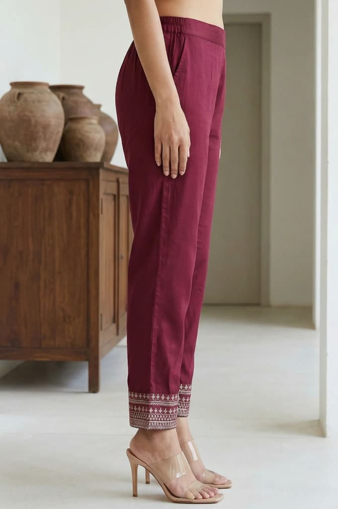 Burgundy Ethnic Motifs Foil Printed Ankle Length Tapered Trousers — photo 5