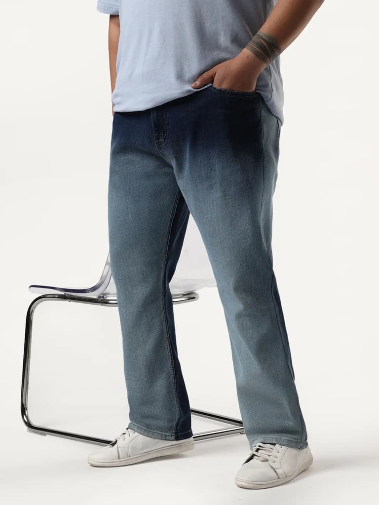 Plus Men's Blue Straight Fit Heavy Washed Faded Denim Jeans Stretchable — photo 2