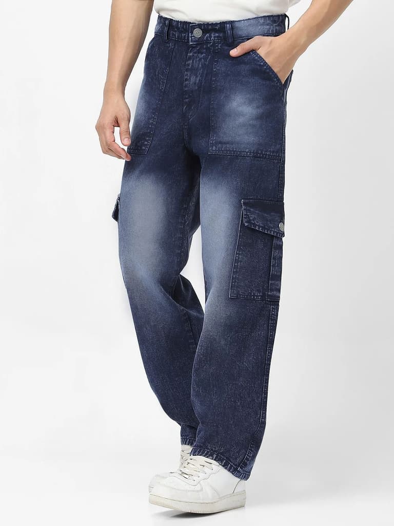Men's Navy Loose Fit Cargo Jeans With 6 Pockets Non Stretchable — photo 2