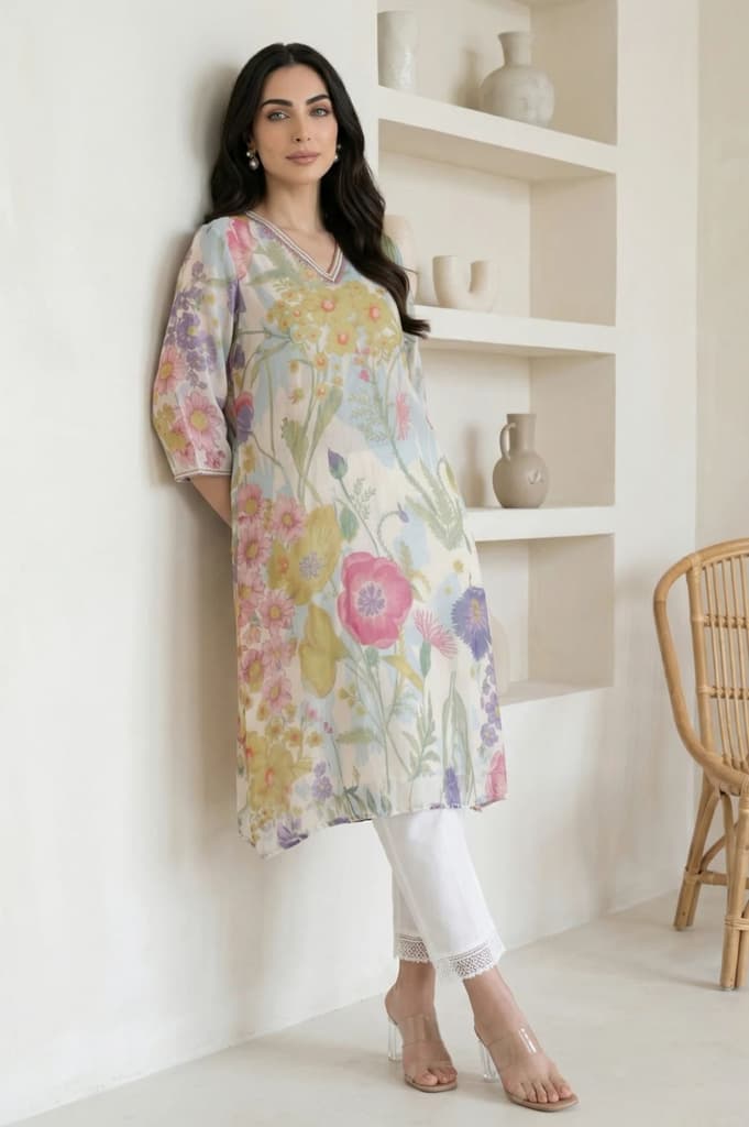 Off White Floral Printed Chiffon Straight Kurta — photo 2