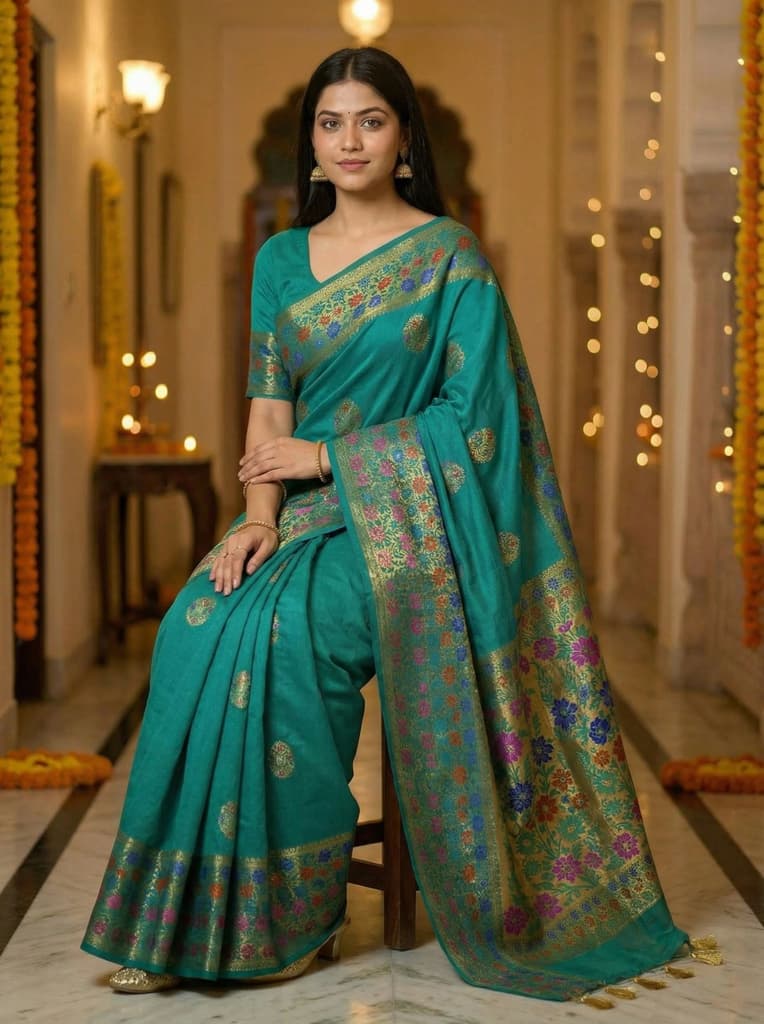 MIMOSA Women's Woven Design Paithani Style Raw Silk Saree with Blouse Piece - Rama ( SA00003127RMFREE ) — photo 4
