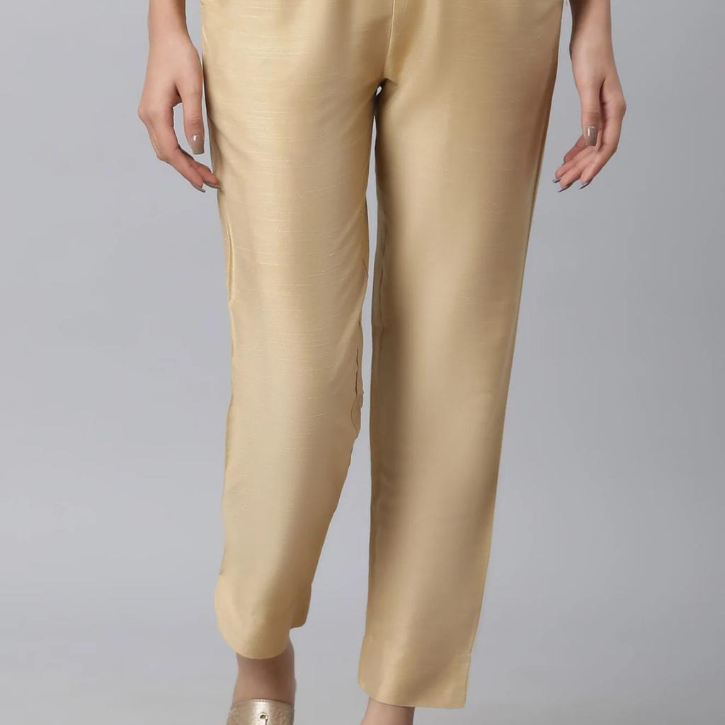 Gold Solid Straight Fit Trousers With Elasticated Waist