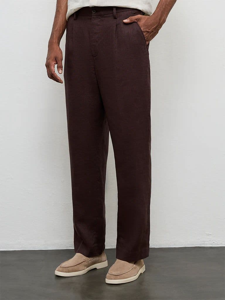 Ascot Dark Brown Mid-Rise Relaxed-Fit Linen Trousers — photo 2