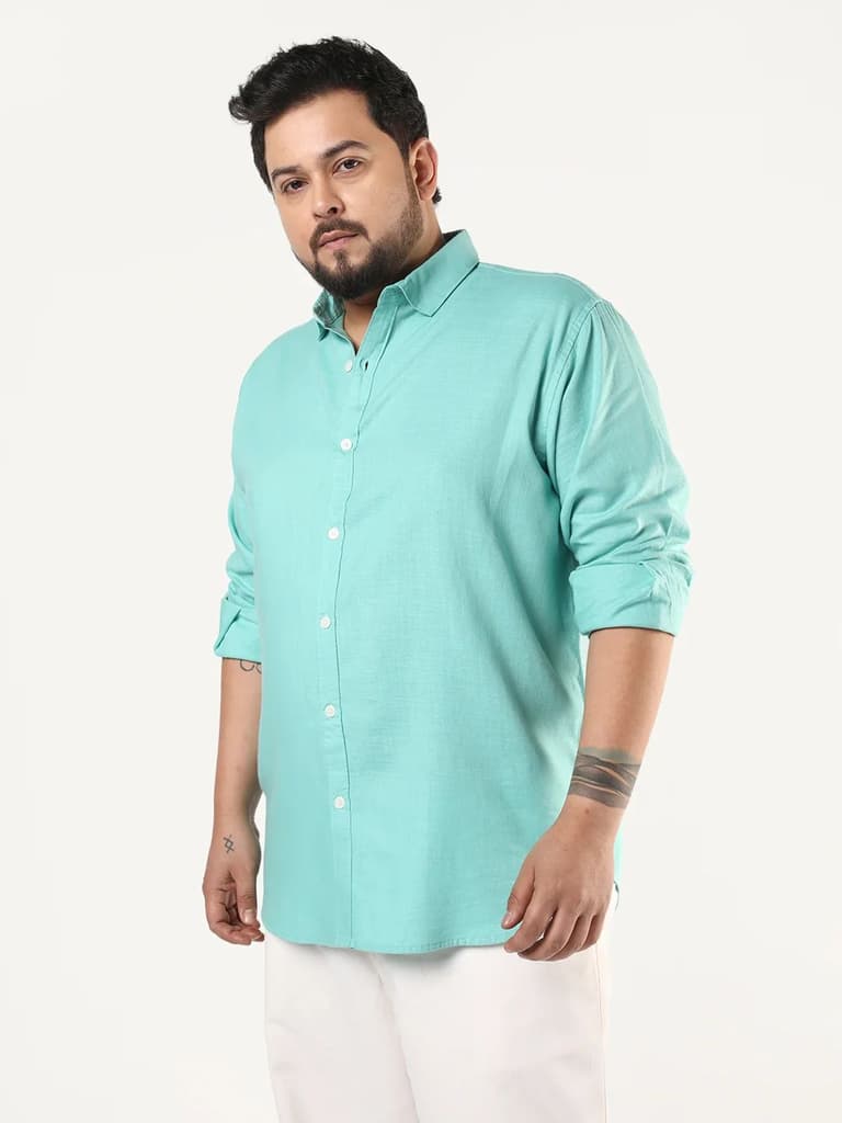 Plus Men's Light Teal Linen Blend Full Sleeve Relaxed Fit Casual Solid Shirt — photo 2