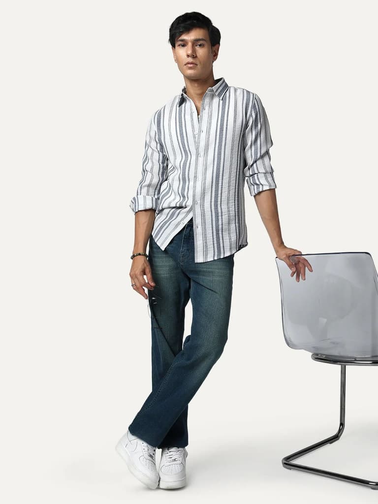 Men's Navy Cotton Full Sleeve Relaxed Fit Linen Striped Shirt with Spread Collar — photo 5