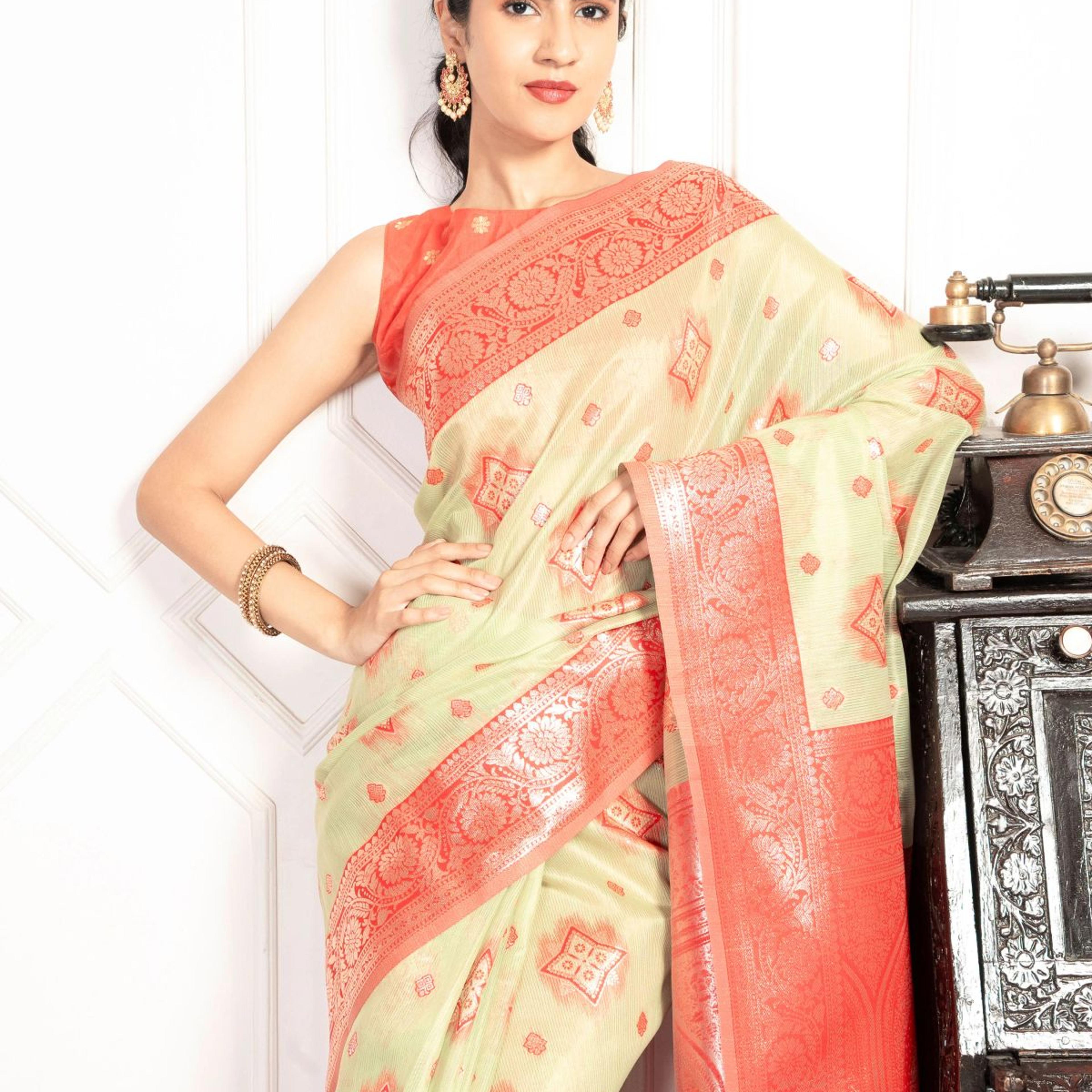 Mimosa Women's Woven Design Kanjivaram Style Art Silk Saree With Blouse Piece : SA00002068PSFREE