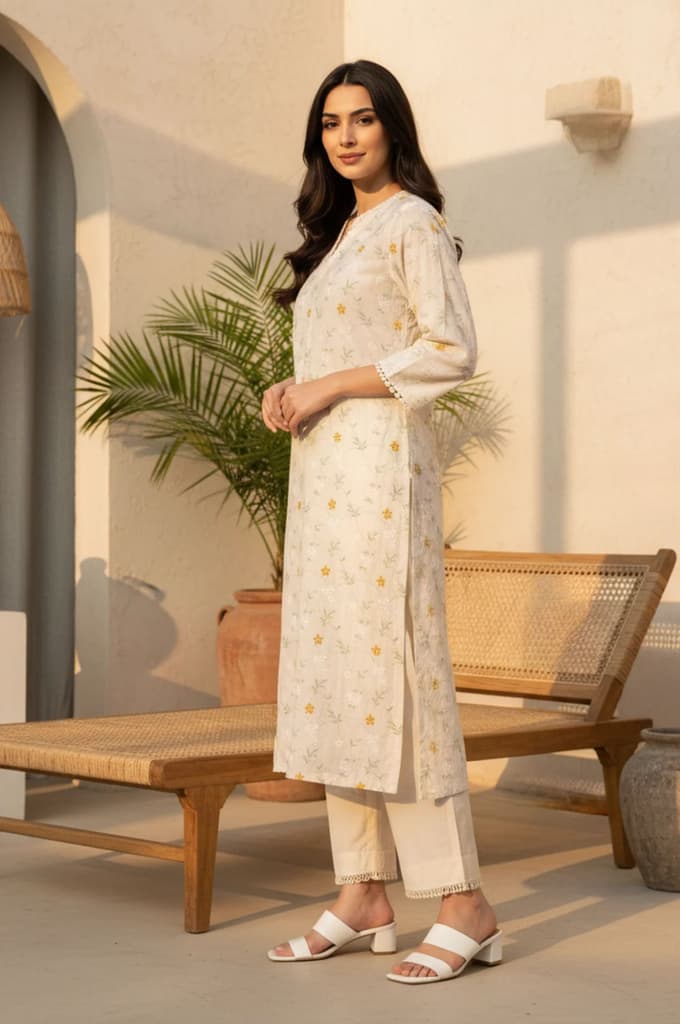 Off White Floral Printed Lace Rayon Straight Kurta — photo 2