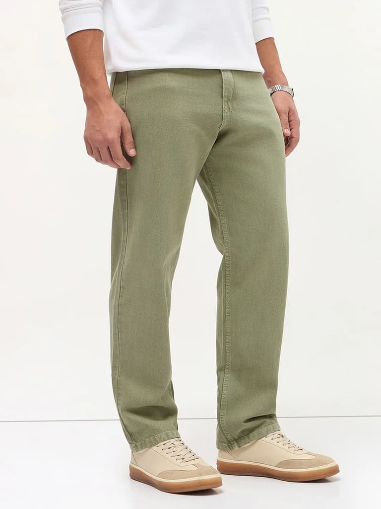 Men's Sage Green Loose Baggy Fit Washed Denim Jeans Non-Stretchable — photo 2