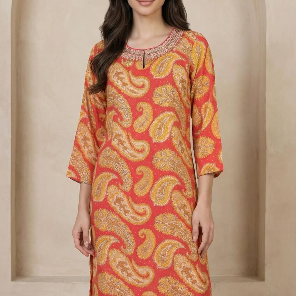 Rust Red Paisley Thread Embroidered Modal Straight Kurta