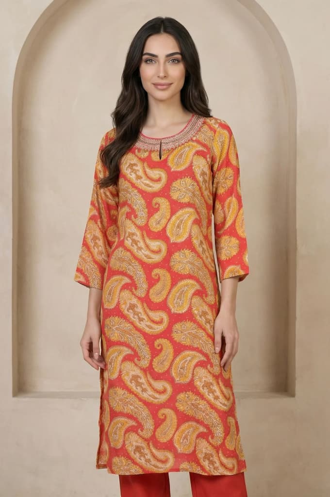 Rust Red Paisley Thread Embroidered Modal Straight Kurta — XS