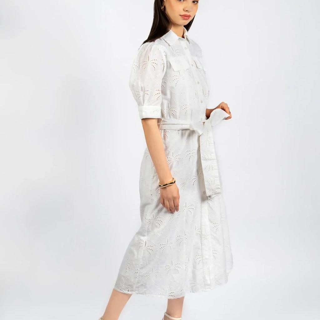 White Cotton Schiffly Midi Fit & Flare Dress
