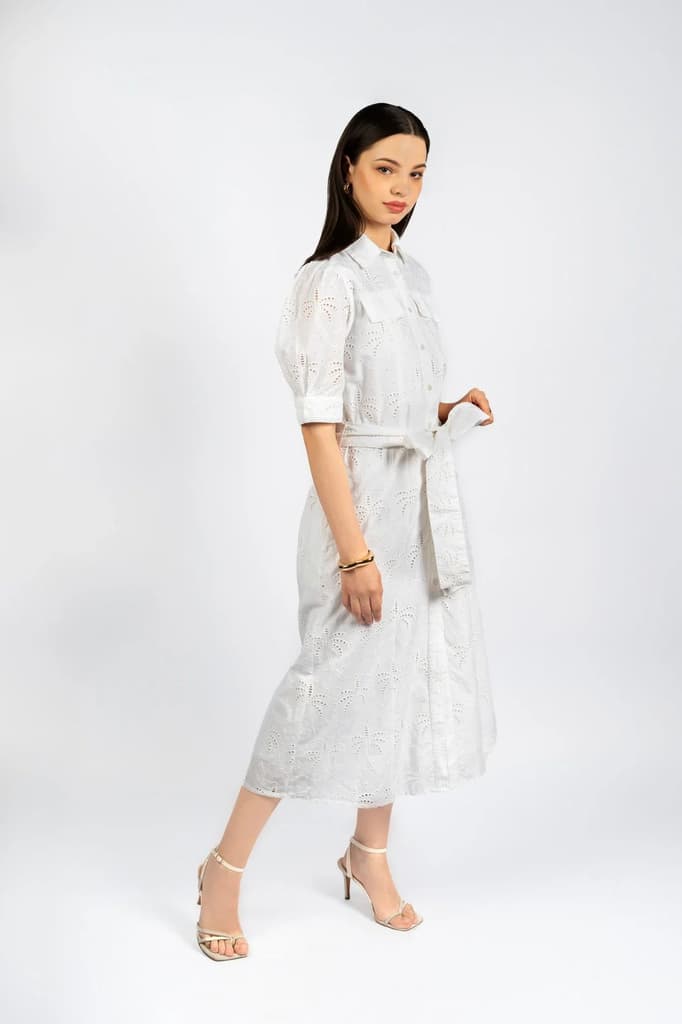 White Cotton Schiffly Midi Fit & Flare Dress