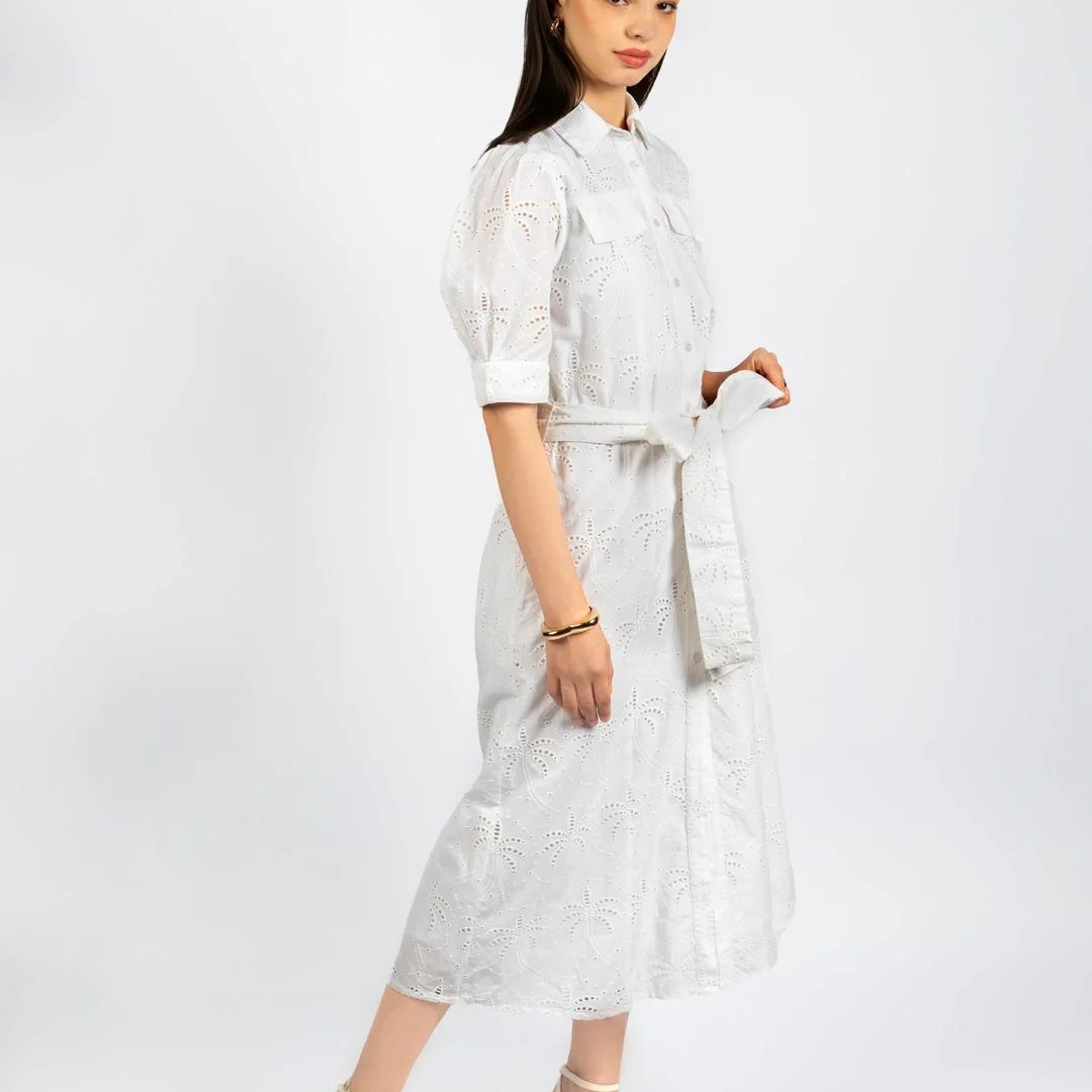 White Cotton Schiffly Midi Fit & Flare Dress