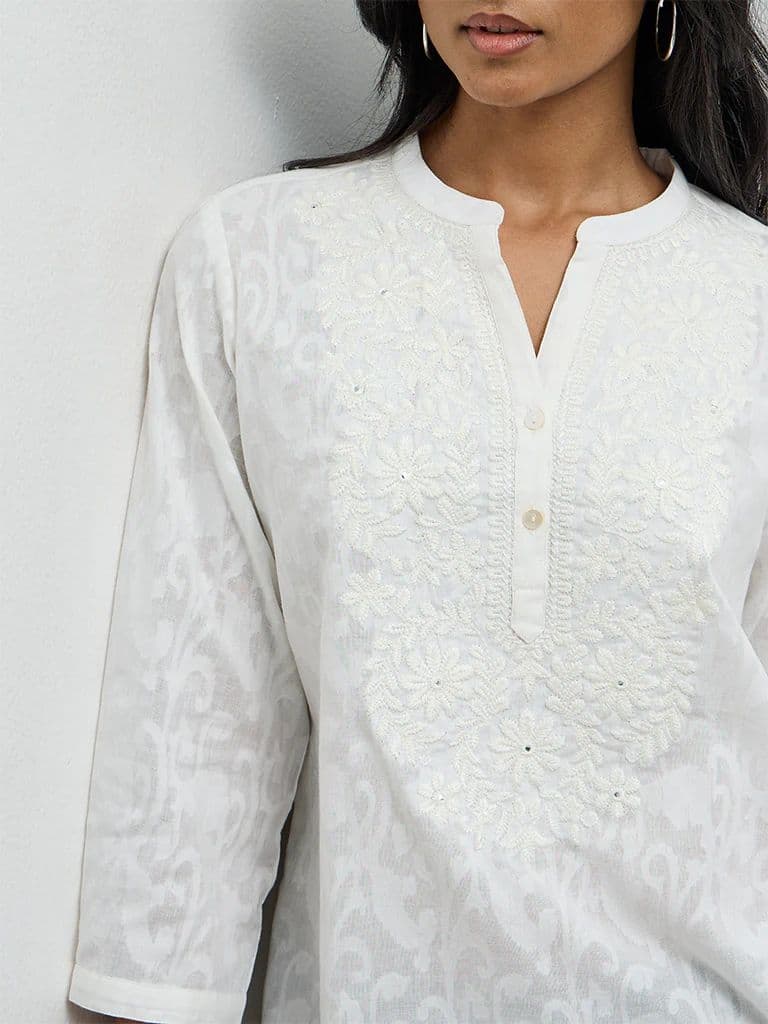 Utsa White Floral Embroidered Cotton-Blend Kurti — photo 3