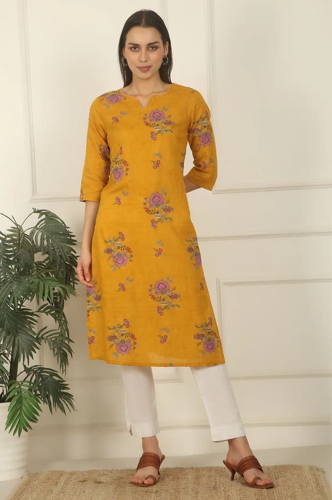 Mustard Yellow Swiss Dot Textured Cotton Straight Kurta — photo 2