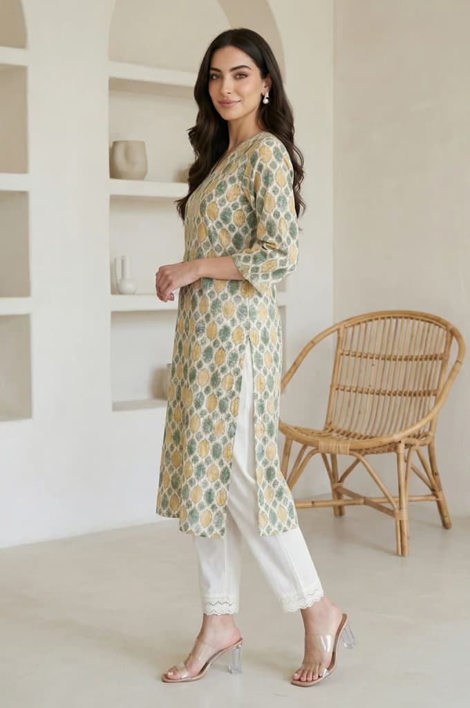 Cream Ethnic Motifs Pure Cotton Straight Kurta with Lace — photo 3