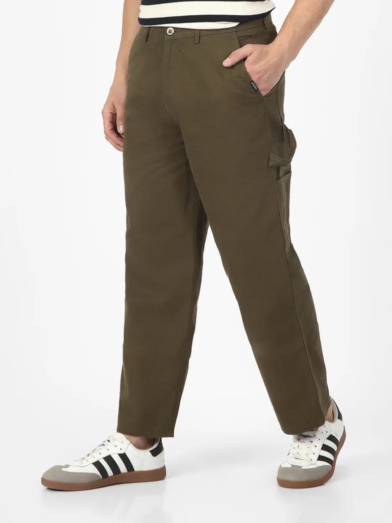 Men's Olive Loose Baggy Fit Solid Carpenter Trouser Pant with 5 Pockets Non-Stretchable — photo 2