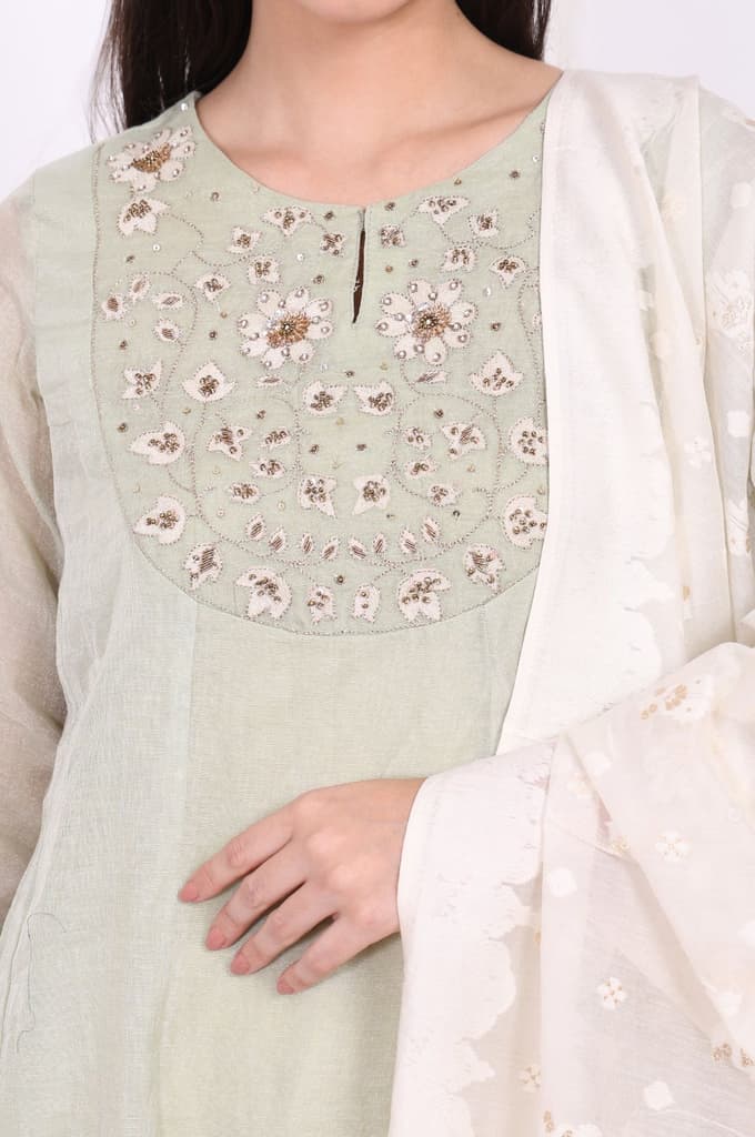 Light Green Embroidered Silk Blend Straight Kurta, Pants and Dupatta Set — photo 3