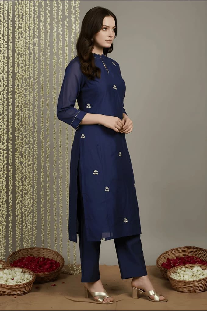 Navy Blue Zari Chanderi Straight Kurta with Straight Pant and Dupatta Set — photo 4