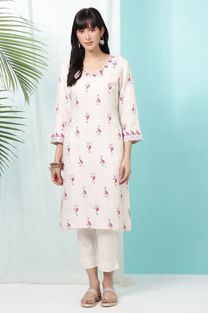 Off-White Floral Printed Rayon Straight Kurta — photo 3