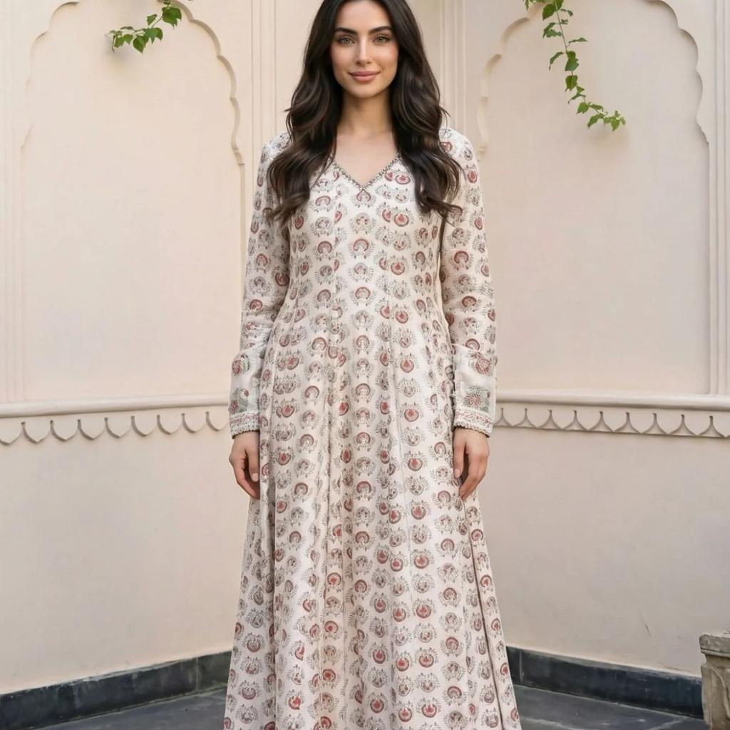 Cream Ethnic Motifs Sequins Cotton Silk Blend Anarkali Kurta