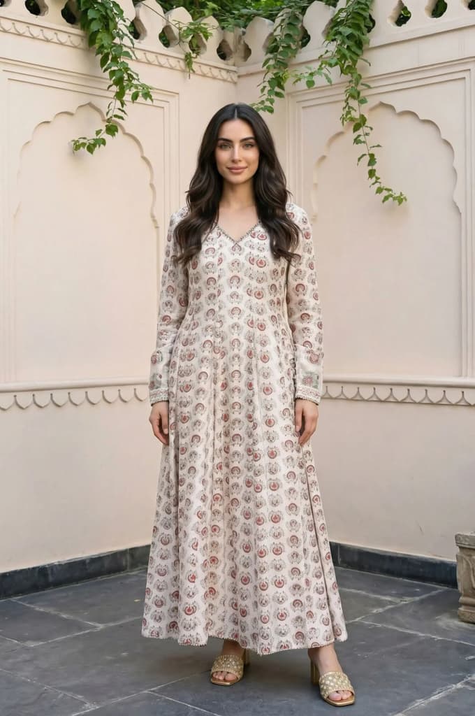 Cream Ethnic Motifs Sequins Cotton Silk Blend Anarkali Kurta — XS