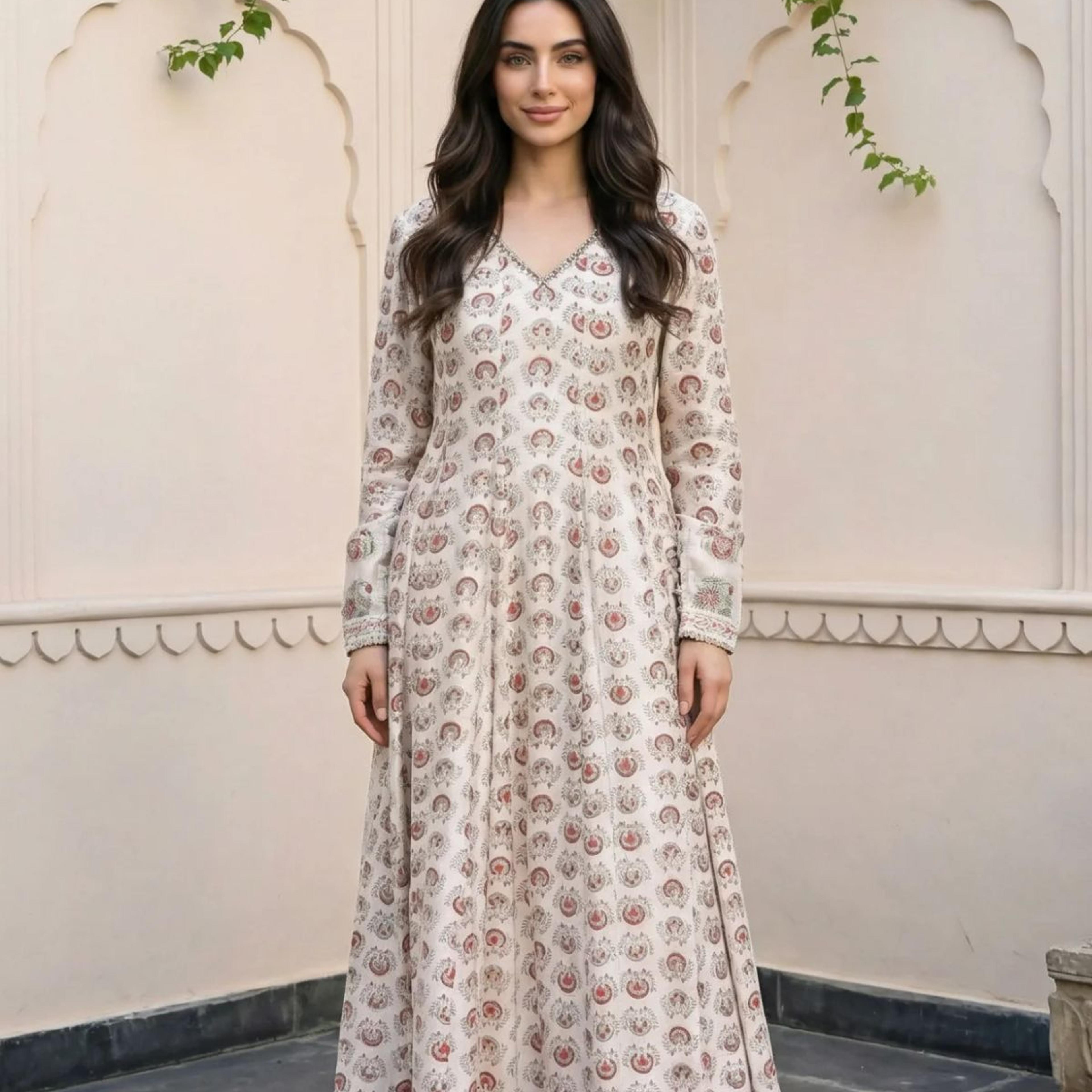 Cream Ethnic Motifs Sequins Cotton Silk Blend Anarkali Kurta