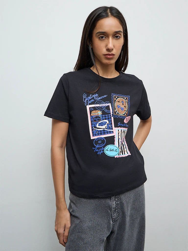 LOV Black Printed Cotton T-Shirt — photo 2