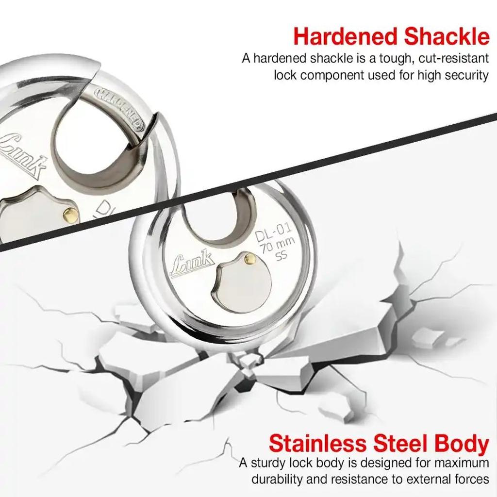 Link Stainless Steel Disc Lock DL-01 70mm with Hardened Shackle & 3 Nickel Silver Keys