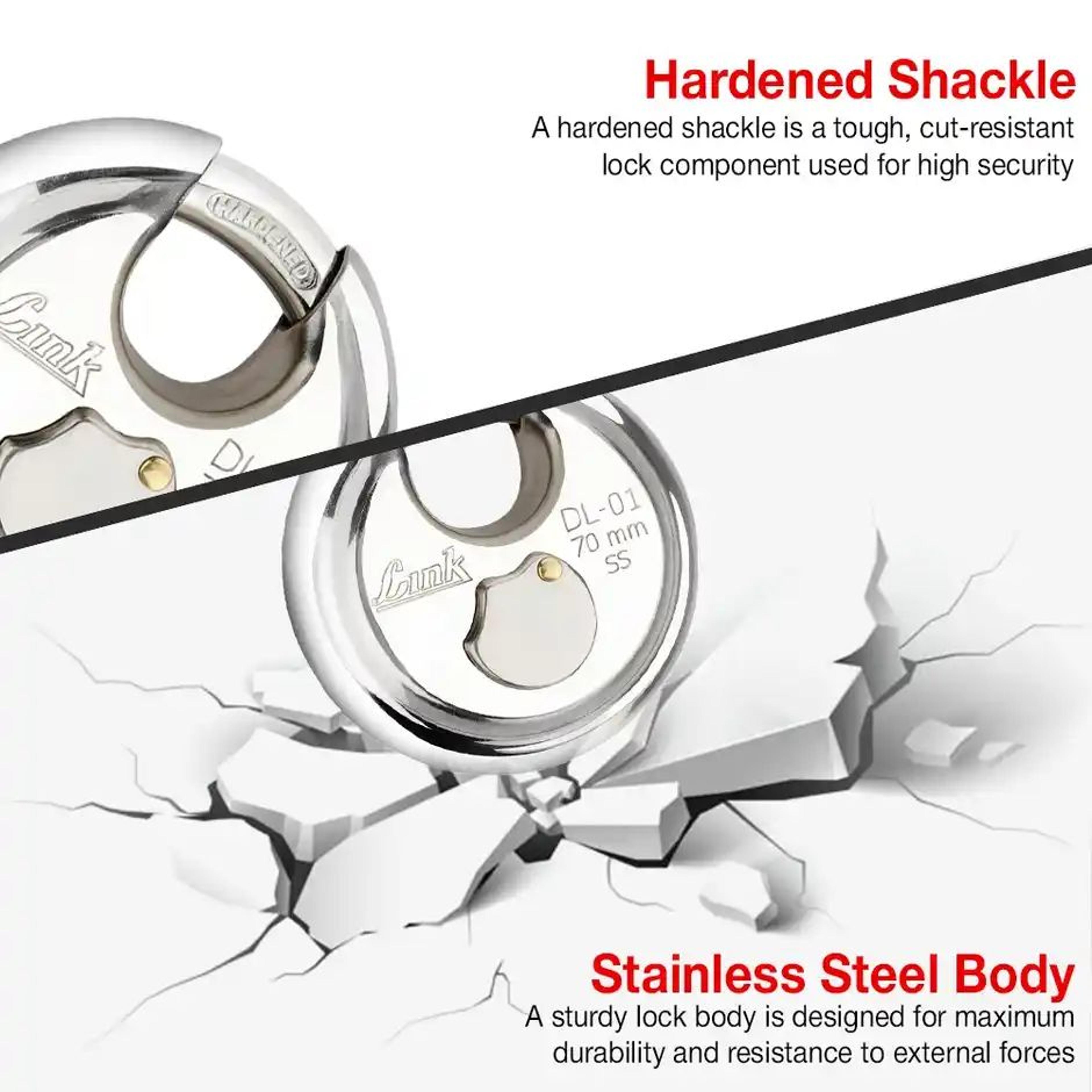 Link Stainless Steel Disc Lock DL-01 70mm with Hardened Shackle & 3 Nickel Silver Keys