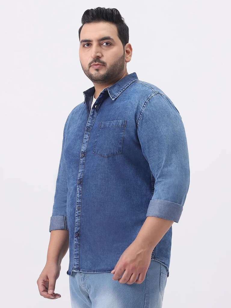 Plus Men's Blue Regular Fit Full Sleeve Washed Denim Shirt — photo 2