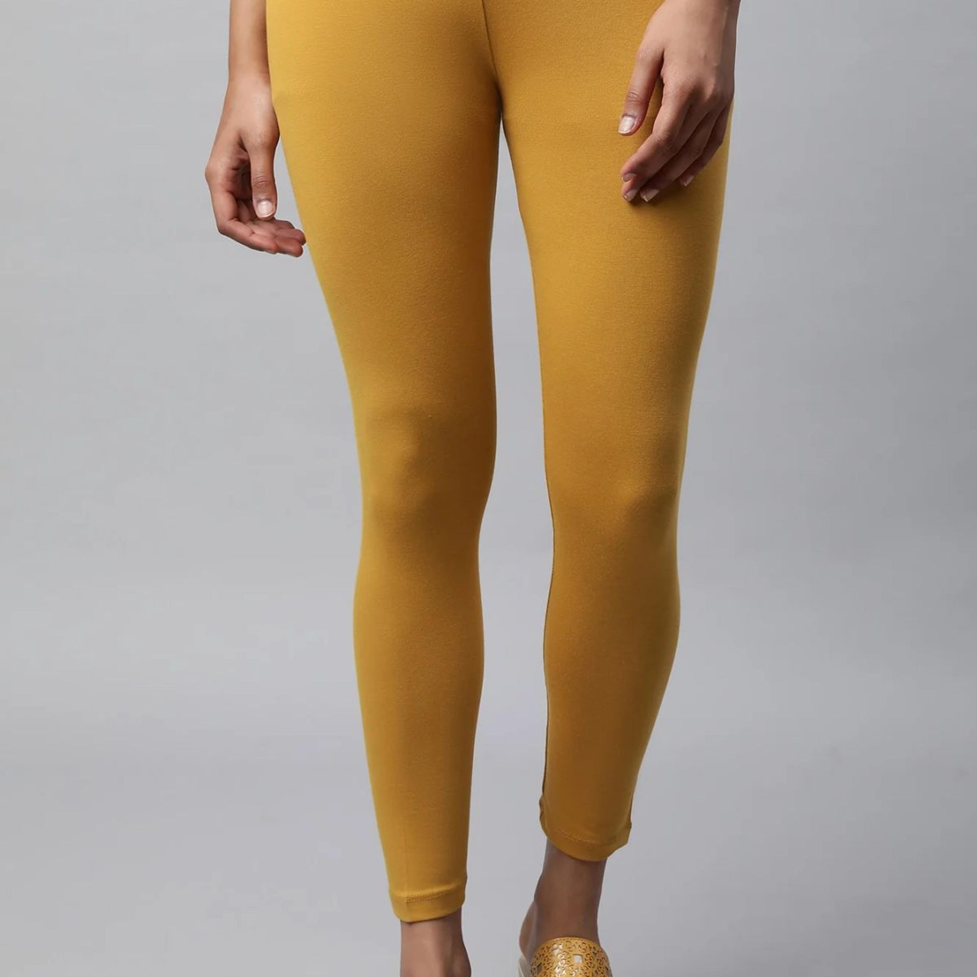 Yellow Solid Skinny Fit Cotton Tights With Slip On Closure